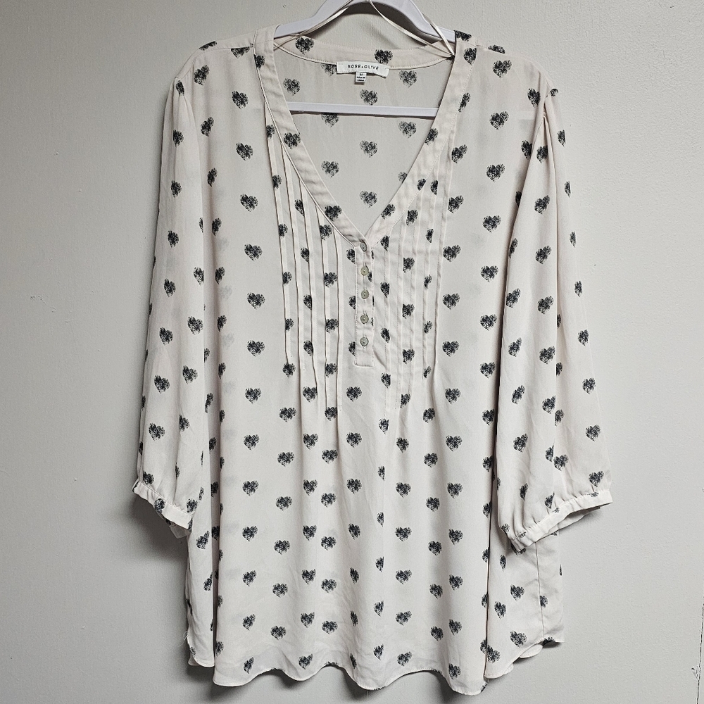 Rose+Olive Off White-Pinkish Chiffon Sheer Blouse with Black Heart Print